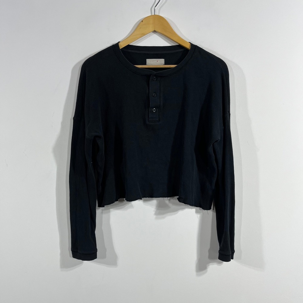 Everlane Boxy Grunge Waffle Knit Henley Top Black Cropped Women Small Minimalist